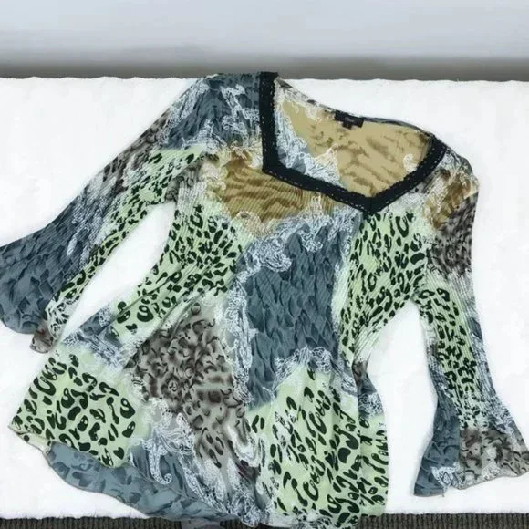 90s Y2K Bell Sleeve Animal Print Blouse Multicolor  S - Picture 7 of 9